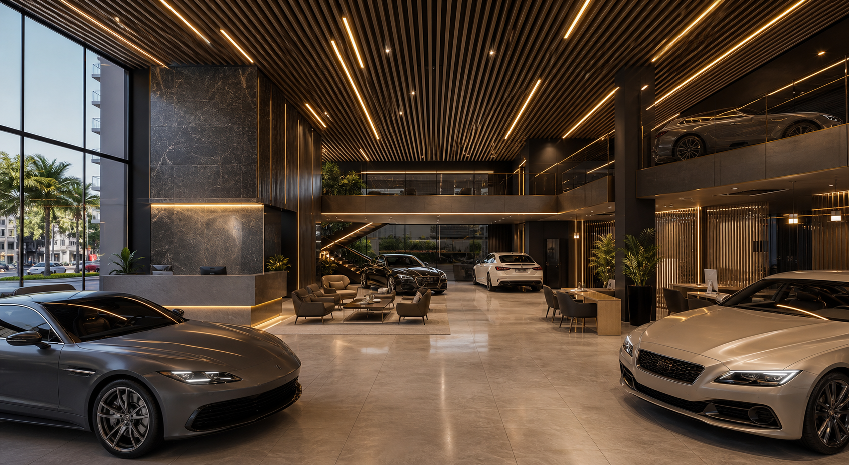 Perspectiva interna do showroom com mezanino