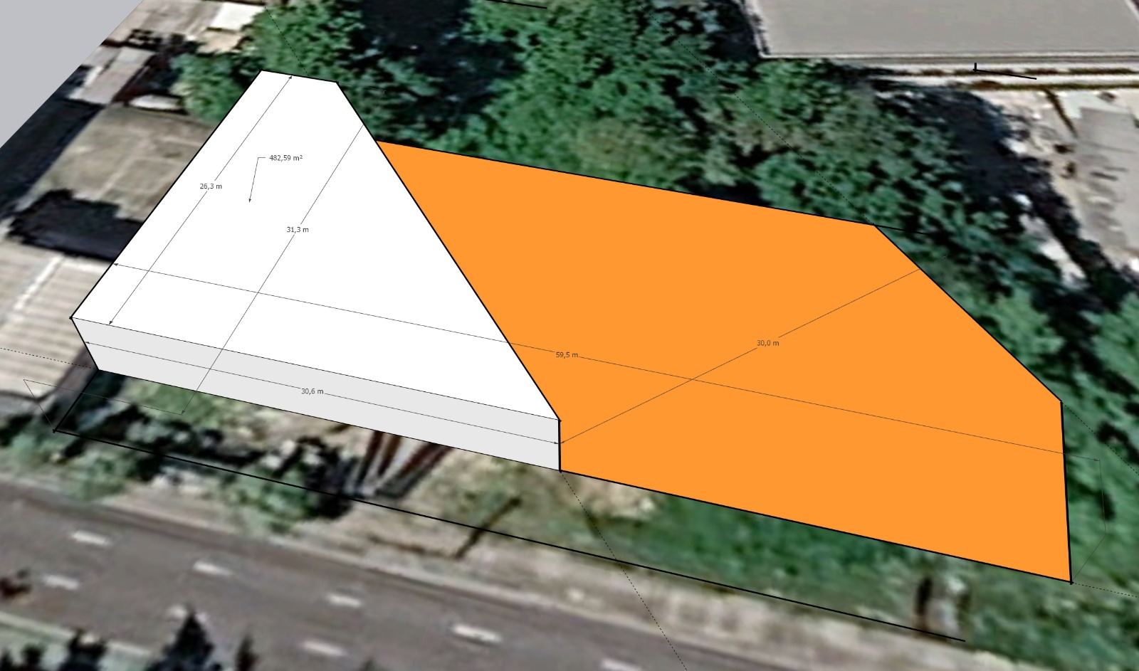 Imagem de referência do terreno com área branca de intervenção e APP em laranja